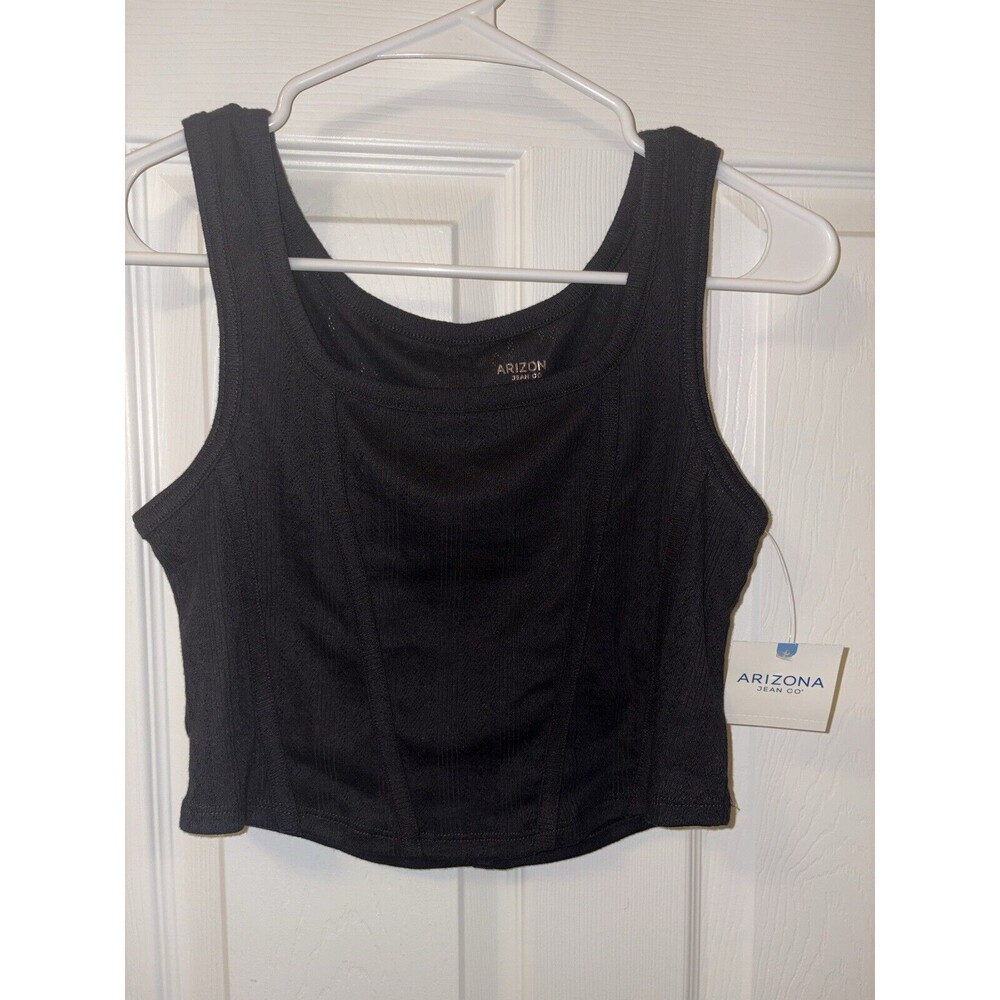 Arizona Jean Co Cropped Tank Ribbed Eyelet Black Curved Hem Sz Large Brand New